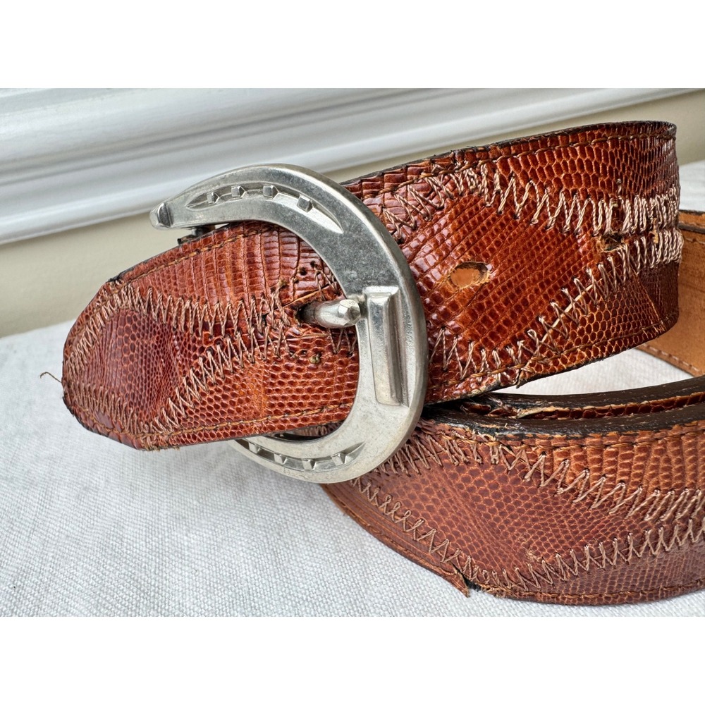 Dan Post Mens 38 Lizard Skin Leather Belt Cognac Brown Horseshoe Buckle USA